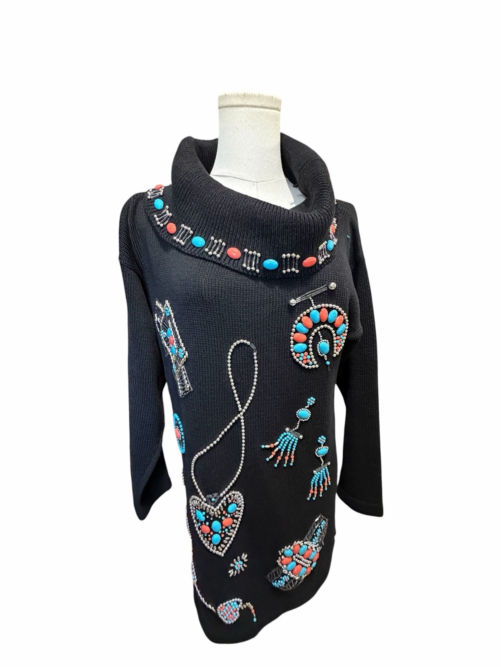 Vintage Victoria Jones Embellished Turtleneck with Turquoise Coral Accents Sz S
